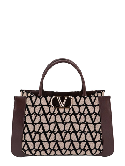 V Logo Signature Leather And Raffia Tote Bag in Beige - Valentino