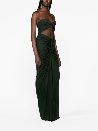 Shop Saint Laurent Cut-out Ruched Strapless Gown In Green