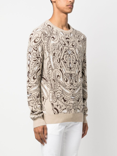 Philipp Plein Paisley-print Cashmere-silk Sweater In Neutrals