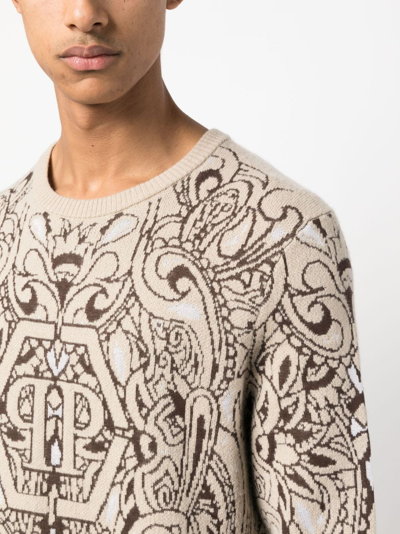 Shop Philipp Plein Paisley-print Cashmere-silk Jumper In Neutrals