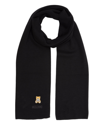 Shop Moschino Teddy Bear Wool Scarf In Black