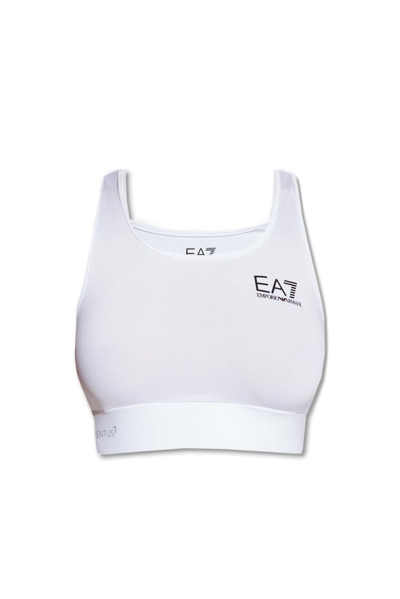 Shop Ea7 Emporio Armani Logo Printed Square Neck Sports Bra In White