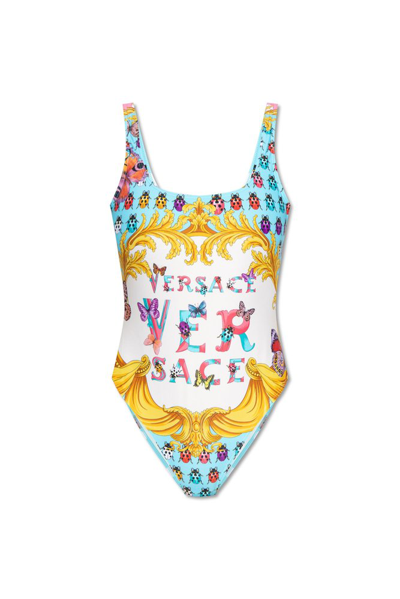 Shop Versace Butterfly Printed Stretched Swimsuit In Multi