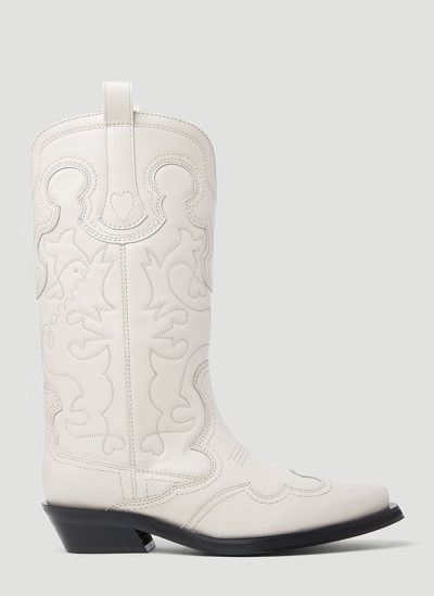 Shop Ganni Embroidered Western Boots In White