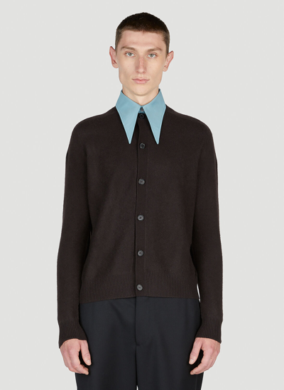 Shop Prada Contrast Point Collar Cardigan In Brown