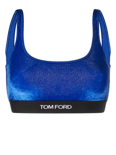 Shop Tom Ford Logo Stretch Velvet Bralette In Blue