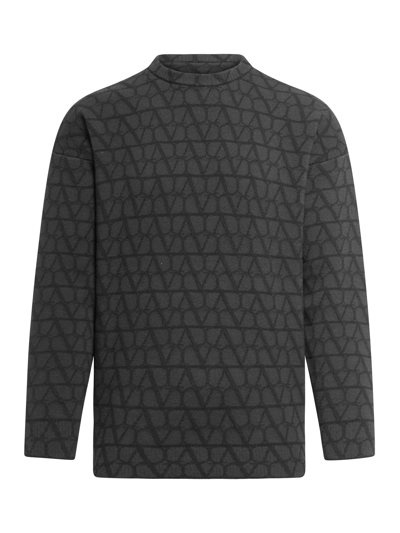 Shop Valentino Crewneck Wool Sweater With Toile Iconographe Pattern In Black