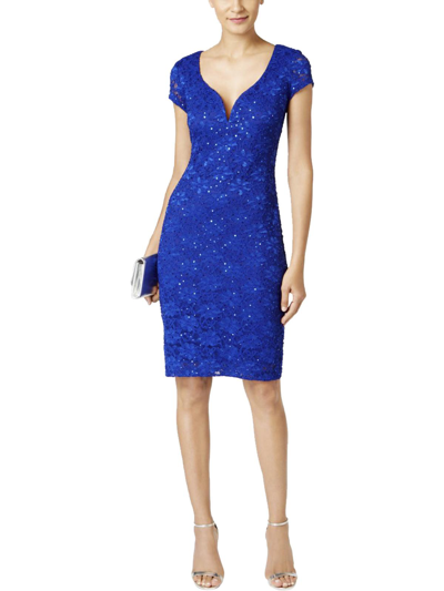 Shop Connected Apparel Womens Sequined Lace Party Dress In Blue