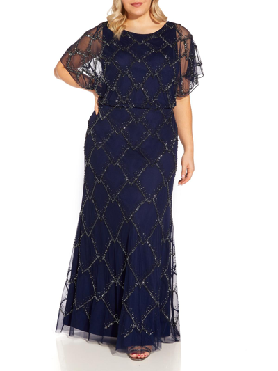 Shop Adrianna Papell Plus Womens Mesh Embellished Evening Dress In Blue