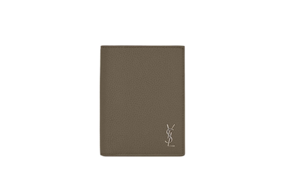 Pre-owned Saint Laurent Tiny Cassandre Credit Card Wallet In Grained Leather Dark Khaki