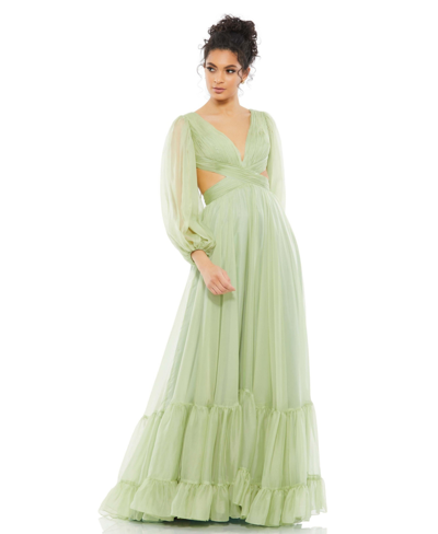 Shop Mac Duggal Women's Pleated Cut Out Long Sleeve Lace Up Tiered Gown In Sage