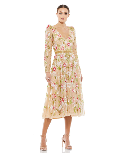 Shop Mac Duggal Women's Long Sleeve Tea Length Dress In Gold Multi