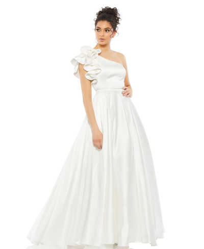 Shop Mac Duggal Women's Satin Oversized Ruffled One Shoulder Ballgown In White