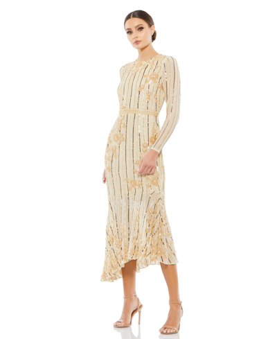 Shop Mac Duggal Women's Long Sleeve Tea Length Dress In Nude Gold