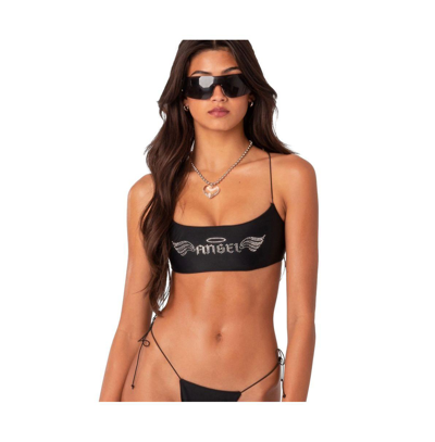 Shop Edikted Women's Bikini Top With Angel Silver Diamonds In Black