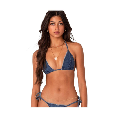 Shop Edikted Women's Denim Bikini With Distressed Neckline Top In Denim Blue