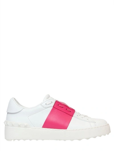 Shop Valentino Open Leather With Colored Band Sneakers, White/fuchsia