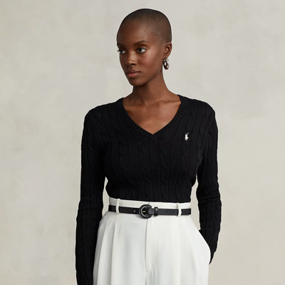 Shop Ralph Lauren Cable-knit V-neck Sweater In Polo Black/white