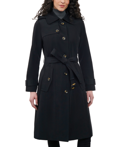 Shop London Fog Women's Single-breasted Hooded Trench Coat In Black