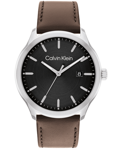 Shop Calvin Klein Men's 3h Quartz Brown Leather Strap Watch 43mm