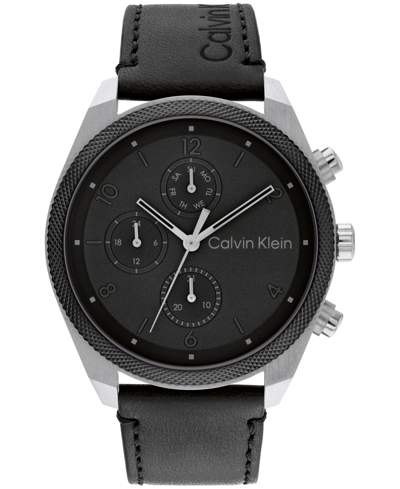 Shop Calvin Klein Men's Multifunction Black Leather Strap Watch 44mm