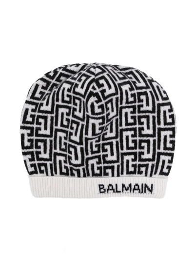 Shop Balmain Monogram Knitted Beanie In Neutrals