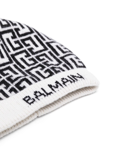 Shop Balmain Monogram Knitted Beanie In Neutrals
