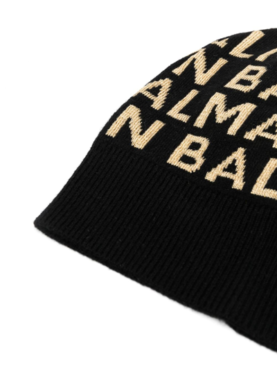 Shop Balmain Monogram-logo Knitted Beanie In Black