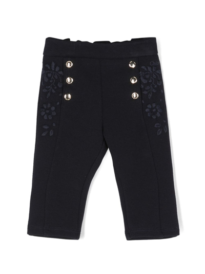 Shop Chloé Floral-embroidered High-waisted Trousers In Blue