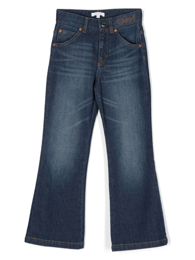 Chloé Chloe Girls Denim Blue Kids Embroidered-branding Flared-leg Denim-blend Jeans 6-14 Years In Blue