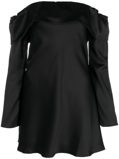 Shop Reformation Maves Off-shoulder Satin Minidress In Black