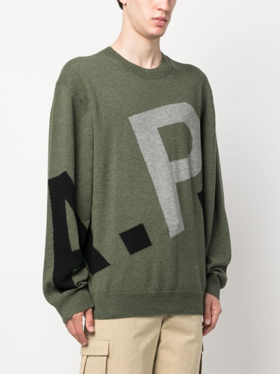 Shop Apc Logo-intarsia Merino-wool Sweatshirt In Green