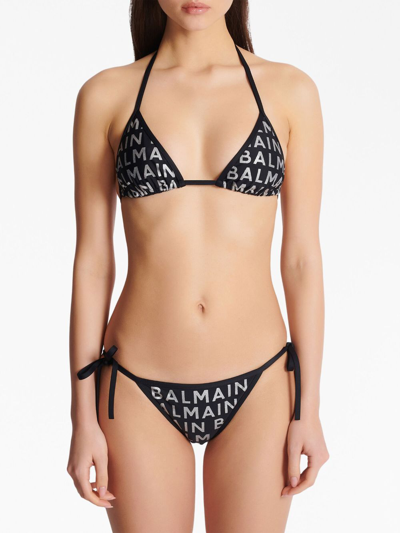 Balmain All-over Logo Print Bikini In Black