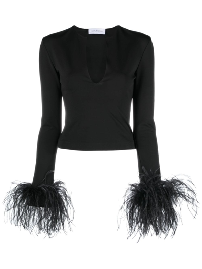 Shop 16arlington Plunge-neck Feather-trim Top In Black