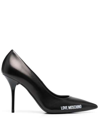 Shop Love Moschino Logo-print Pointed-toe Leather Pumps In Black