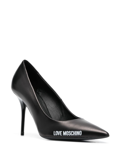 Shop Love Moschino Logo-print Pointed-toe Leather Pumps In Black