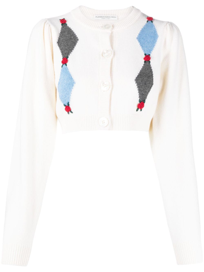 Shop Alessandra Rich Rose-embroidered Argyle Wool Cardigan In Neutrals