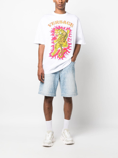 Versace Patterned Mid-rise Denim Shorts With Belt Loops In Blue