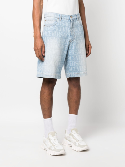 Versace Patterned Mid-rise Denim Shorts With Belt Loops In Blue