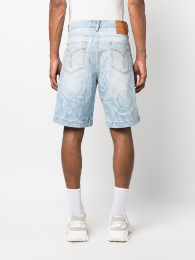 Versace Patterned Mid-rise Denim Shorts With Belt Loops In Blue