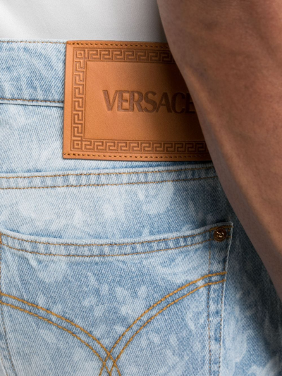 Versace Patterned Mid-rise Denim Shorts With Belt Loops In Blue
