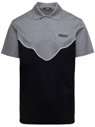 Shop Versace Bicolor Polo With Embroidered Logo In Black And Grey Cotton Man