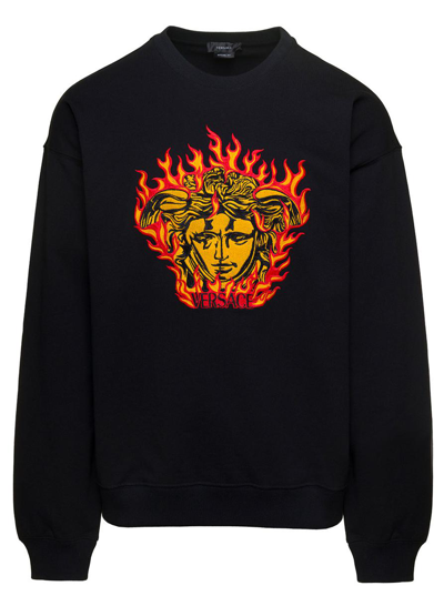 Shop Versace Black Crewneck Sweatshirt With Medusa Print In Cotton Man