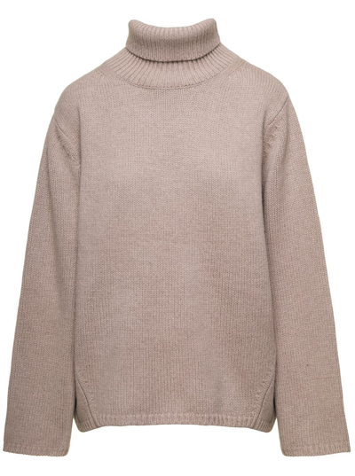 Shop Totême Oversized Beige Sweater With Turtleneck In Wool Blend Woman