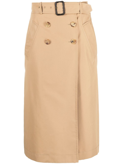 Shop Moschino High-waisted Belted Midi Skirt In Brown