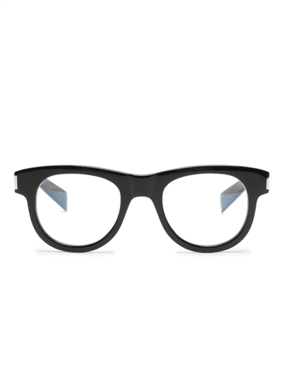 Shop Saint Laurent Logo-engraved Round-frame Glasses In Black