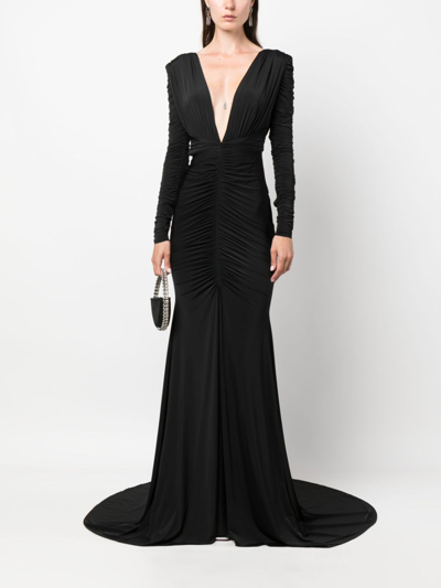 Shop Alex Perry V-neck Ruched Gown In Black