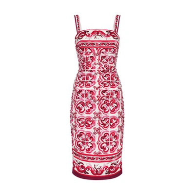 Shop Dolce & Gabbana Midi Dress In Majolica Print Charmuse In Tris_maioliche_fuxia
