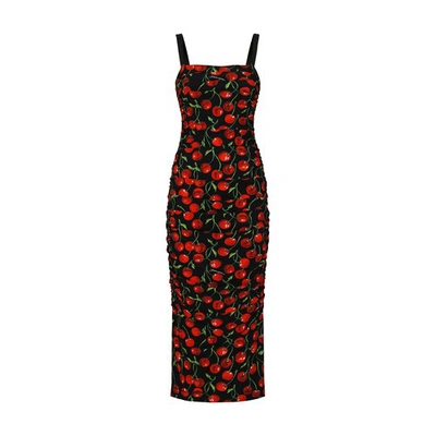 Shop Dolce & Gabbana Draped Cherry Printed Jersey Midi Dress In Ciliegie_fdo_nero