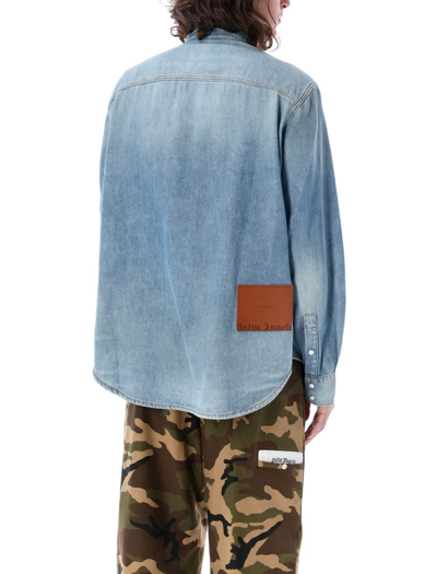 Shop Palm Angels Pa Monogram Denim Shirt In Light Blue